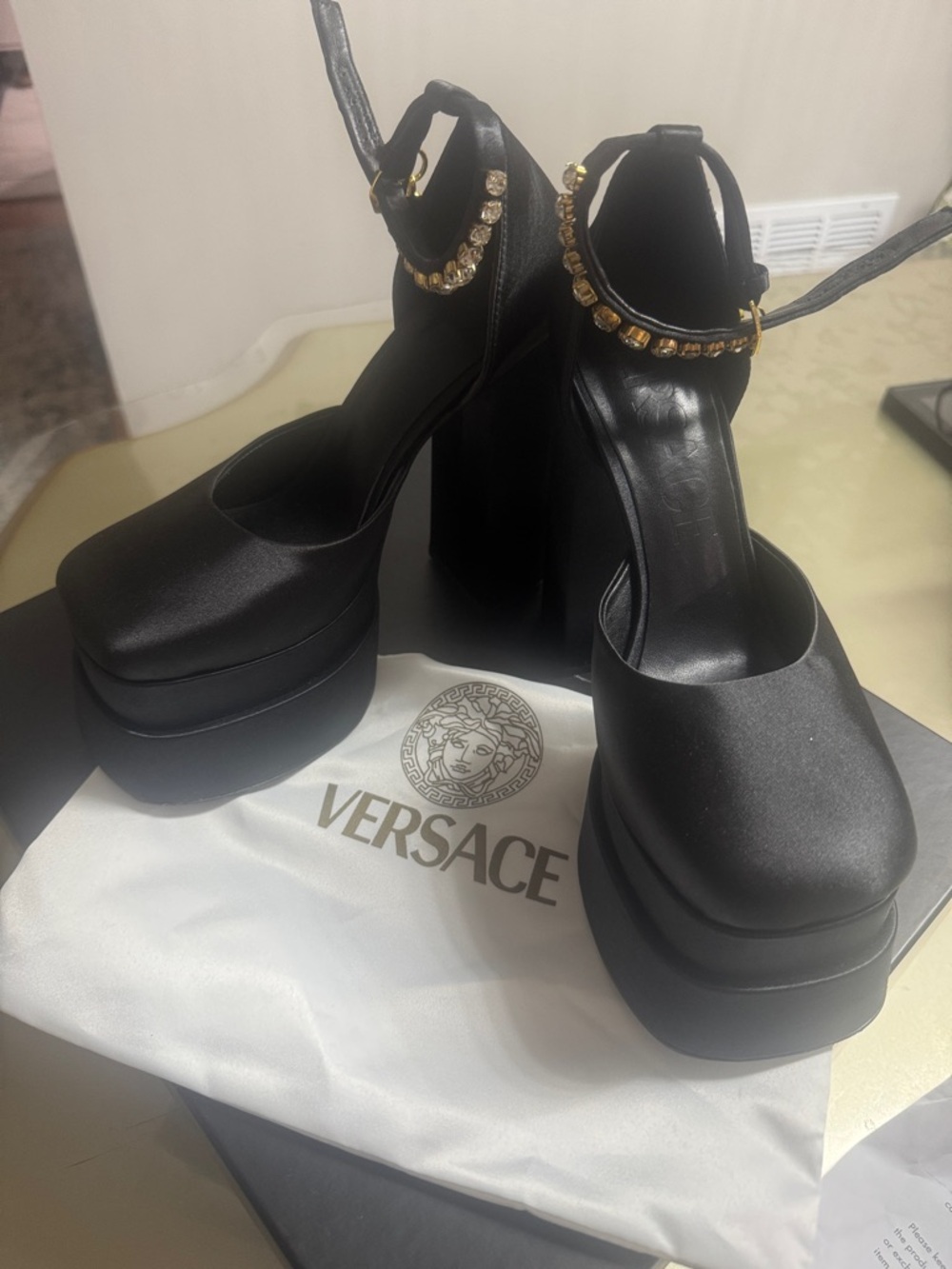 Versace Black Satin Platform Ankle-Strap Heels with Gold Crystal Accents